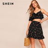 SHEIN Boho Black Asymmetrical Neck Cherry Print Crop Top And Ruffle Hem Skirt Matching Sets Summer Cute V Neck Womens Skirt Set