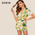 SHEIN Boho Beach Knot Front Fruit Print Crop Top And Shorts Sets For Women Summer Sexy Deep V Neck Short Sleeve Women Outfits