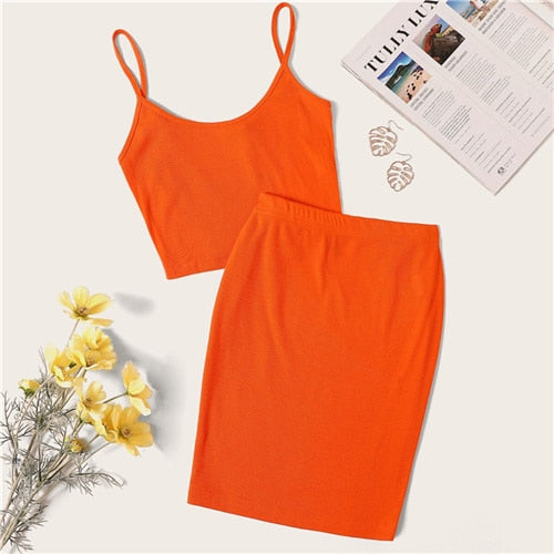 SHEIN Neon Orange Rib-Knit Crop Cami Top And Skinny Skirt Set Sexy Solid Sleeveless 2 Piece Set Spaghetti Strap Women Set