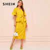 SHEIN V-Neck Belted Blouse And Split Hem Midi Skirt 2 Piece Set Women Summer Elegant Ruffle Hem Two Piece Set Matching Sets