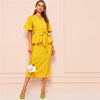 SHEIN V-Neck Belted Blouse And Split Hem Midi Skirt 2 Piece Set Women Summer Elegant Ruffle Hem Two Piece Set Matching Sets