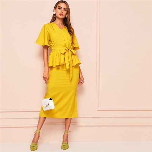 SHEIN V-Neck Belted Blouse And Split Hem Midi Skirt 2 Piece Set Women Summer Elegant Ruffle Hem Two Piece Set Matching Sets